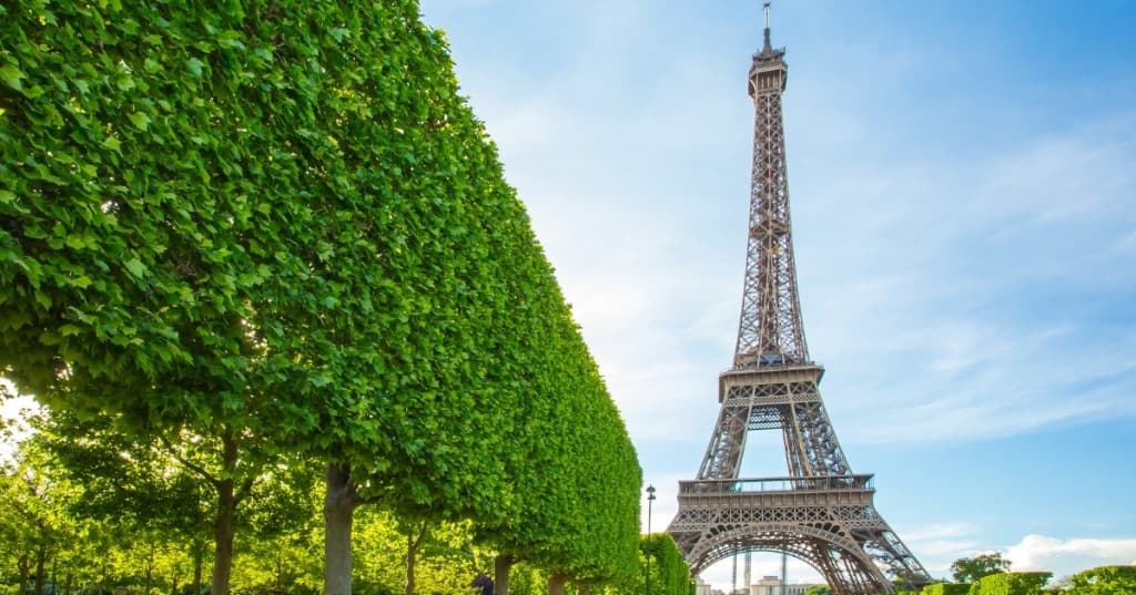Paris: Champ de Mars tarafında düzgün budanmış ağaç sırası ve açık mavi gökyüzünde Eyfel Kulesi.