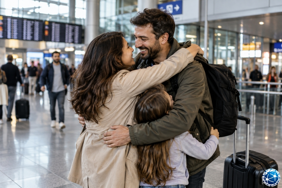 AB’de aile birleşimi kapsamında havalimanında buluşan aileyi gösteren yasal göç görseli