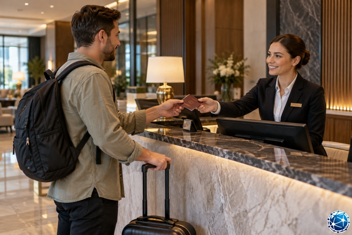 Sırbistan’da konaklama kaydı için otel resepsiyonunda pasaport teslim eden yabancı ziyaretçi