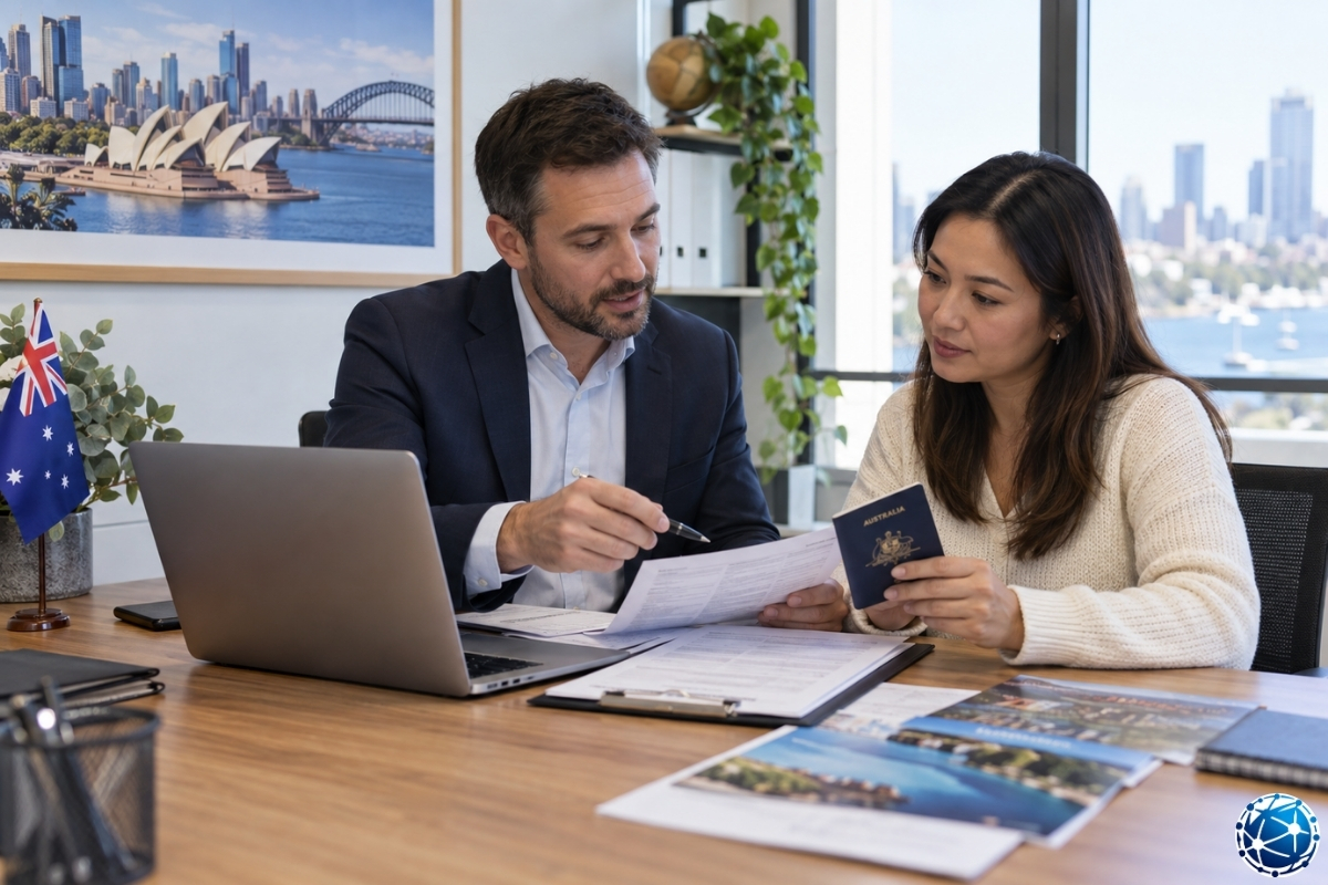 Avustralya Resident Return Visa başvurusu için pasaport ve seyahat belgelerini danışmanla inceleyen permanent resident