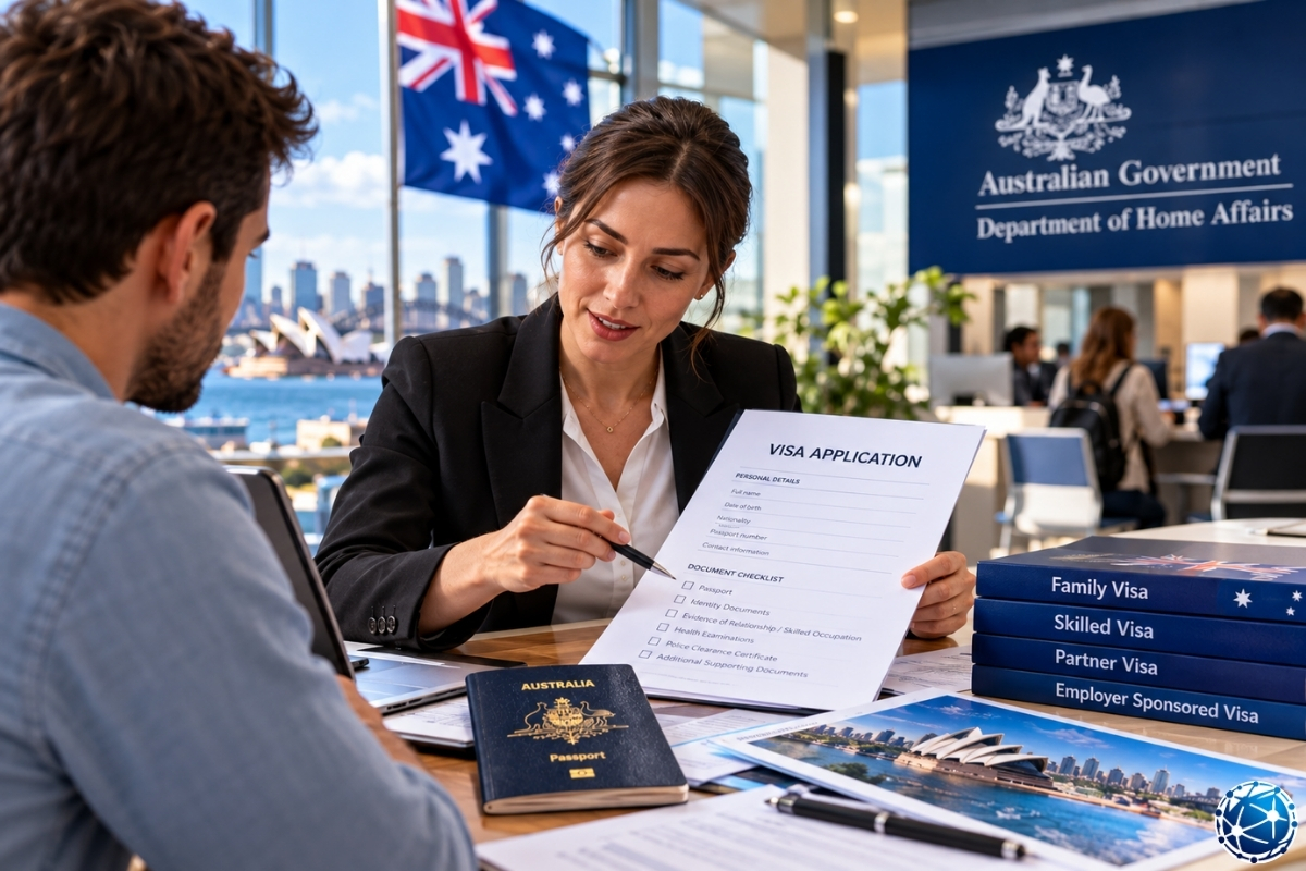 Avustralya Skilled Visa başvurusunda evrak ve işlem önceliklerini inceleyen başvuru sahibi ile göç danışmanı