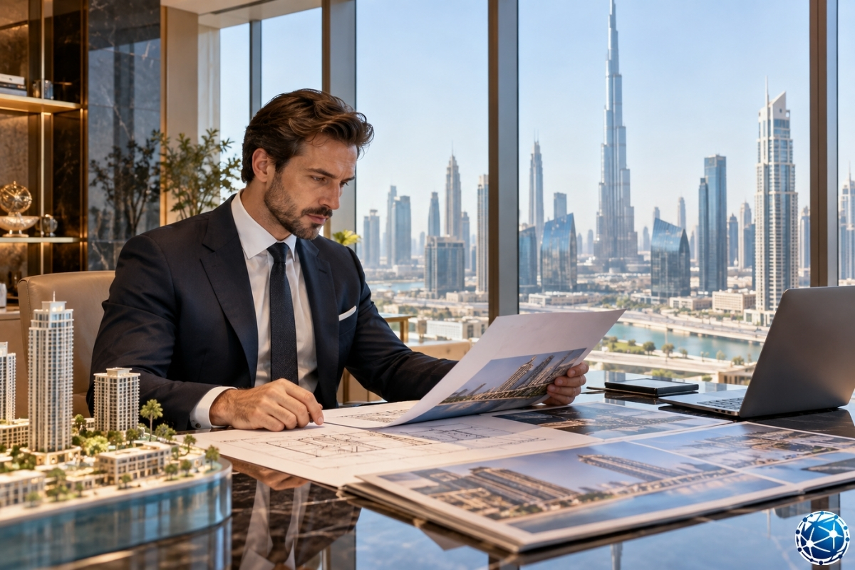 Dubai Golden Visa için gayrimenkul yatırım seçeneklerini inceleyen yabancı yatırımcı ve emlak projeleri