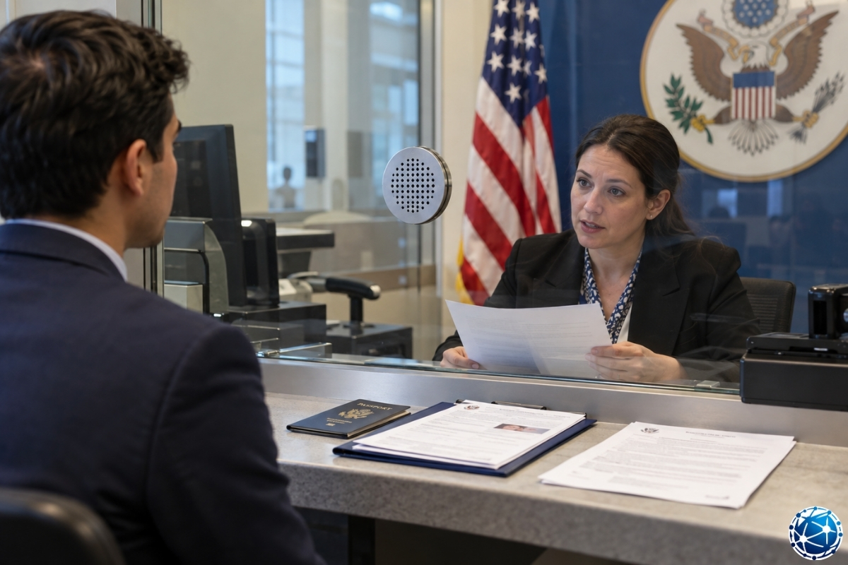 ABD B1/B2 vize görüşmesinde visa bond teminat şartlarını başvuru sahibiyle değerlendiren konsolosluk görevlisi