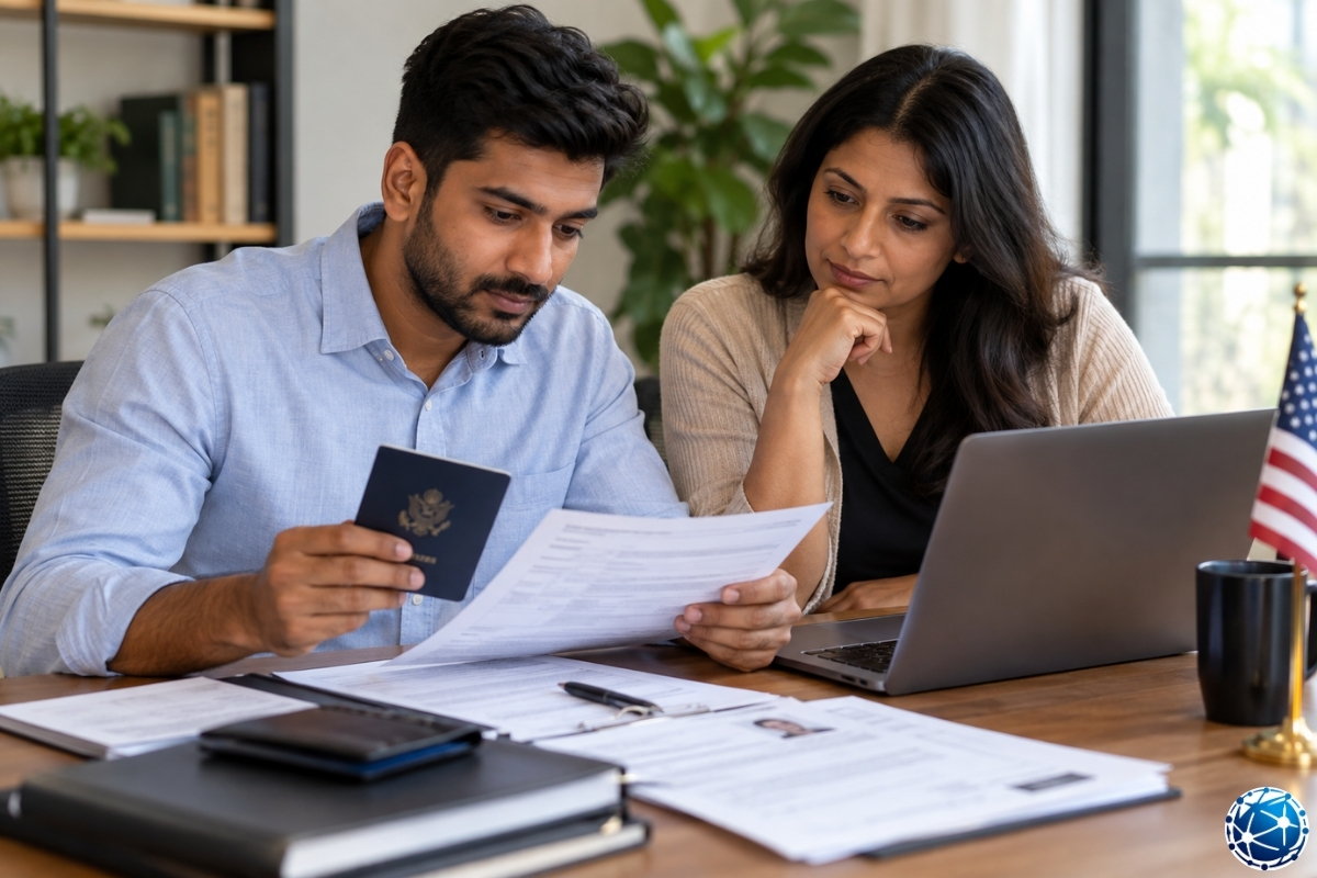 ABD visa bond ve B1/B2 vize belgelerini birlikte inceleyen başvuru sahibi ile aile üyesi