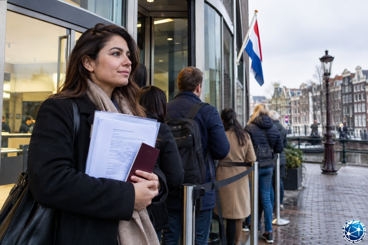 Hollanda Schengen vizesi başvurusu için pasaport ve evraklarıyla başvuru merkezinde bekleyen vize başvuru sahibi