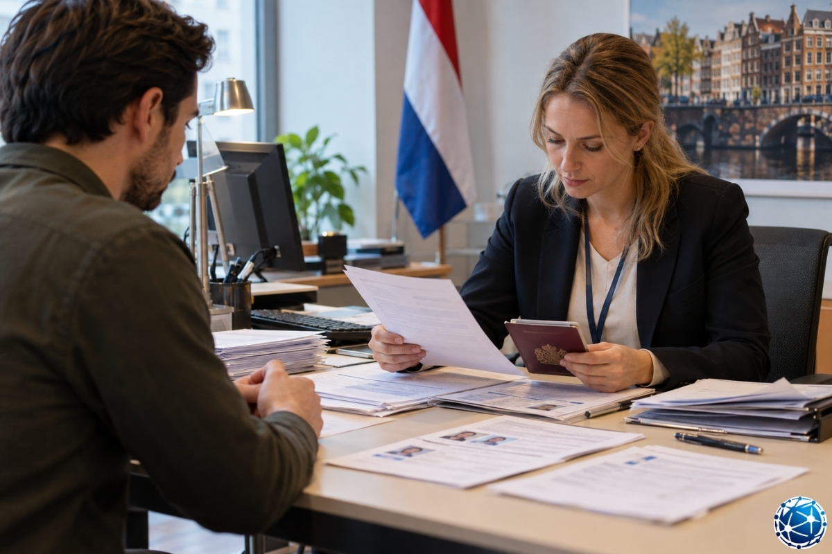 Hollanda Schengen vizesi başvurusunda pasaport ve ek belgeleri inceleyen vize görevlisi ile başvuru sahibi