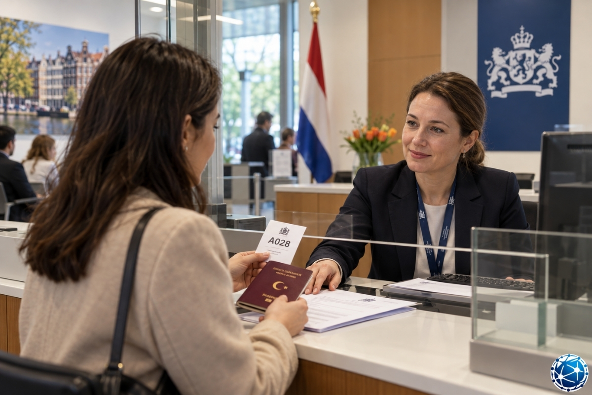 Hollanda konsolosluğunda pasaport ve vize başvuru belgelerini görevliye teslim eden başvuru sahibi