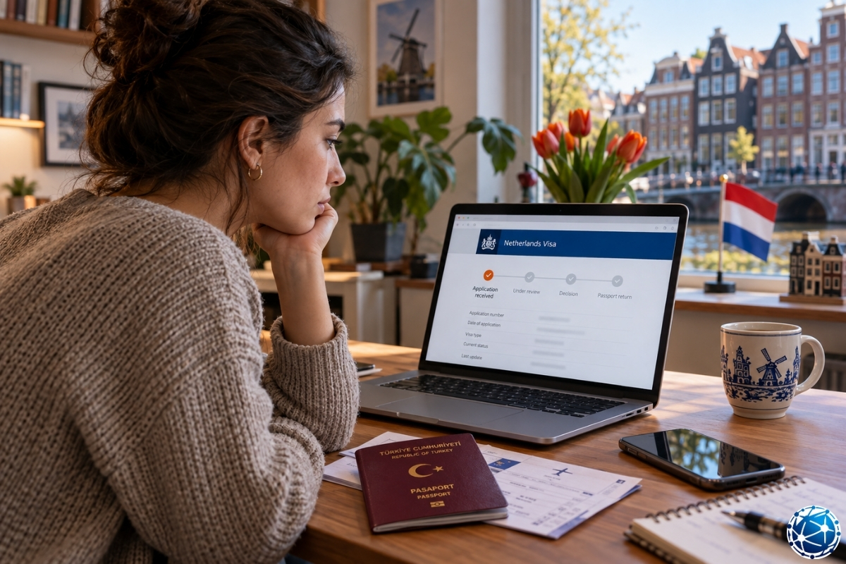 Hollanda vize başvurusunun online durumunu kontrol ederek sonuçlanmasını bekleyen Schengen vize başvuru sahibi
