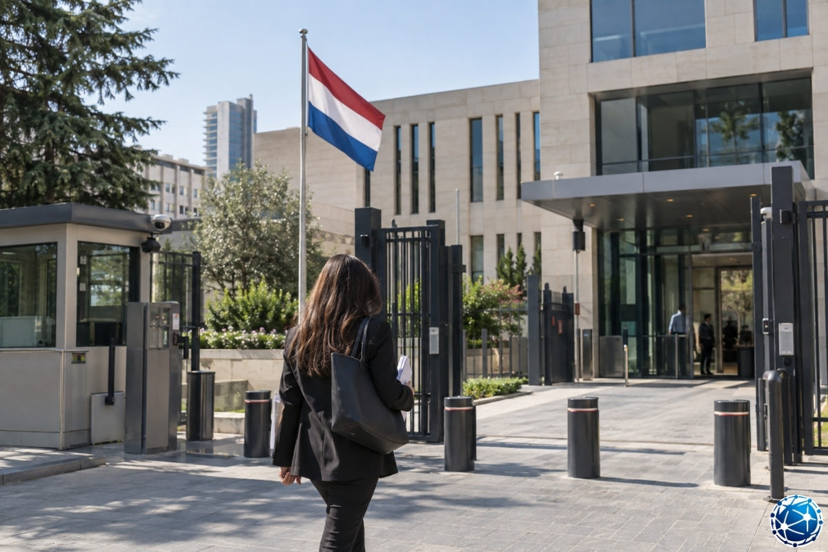 Ankara’daki Hollanda Büyükelçiliği binasına randevu için giriş yapan ziyaretçi ve Hollanda bayrağı