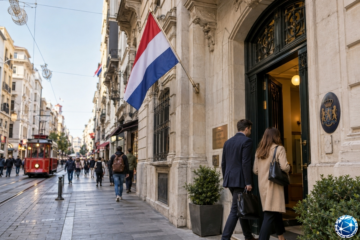 İstanbul Beyoğlu’ndaki Hollanda Başkonsolosluğu çevresi, İstiklal Caddesi ve Hollanda bayrağı