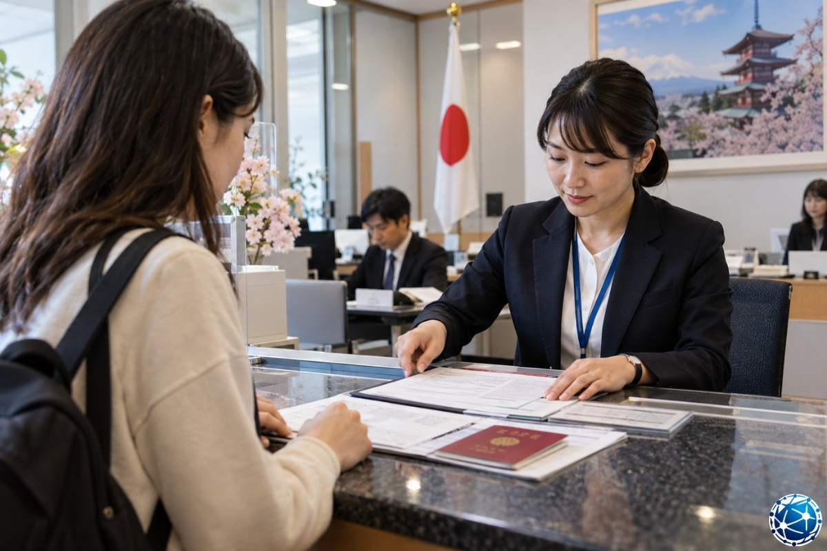 Japonya konsolosluğunda vize başvuru belgelerini görevliye teslim eden başvuru sahibi