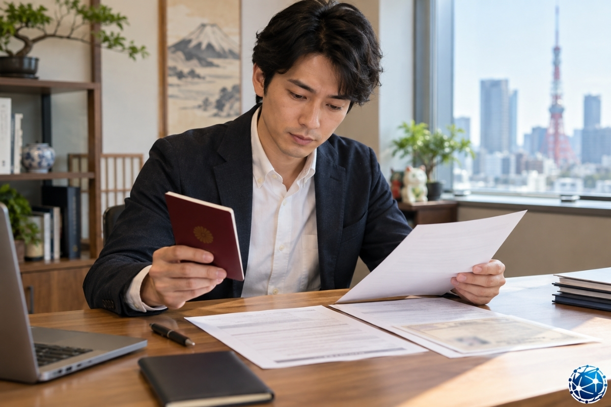 Japonya Highly Skilled Professional vizesi için pasaport, COE ve başvuru belgelerini inceleyen profesyonel