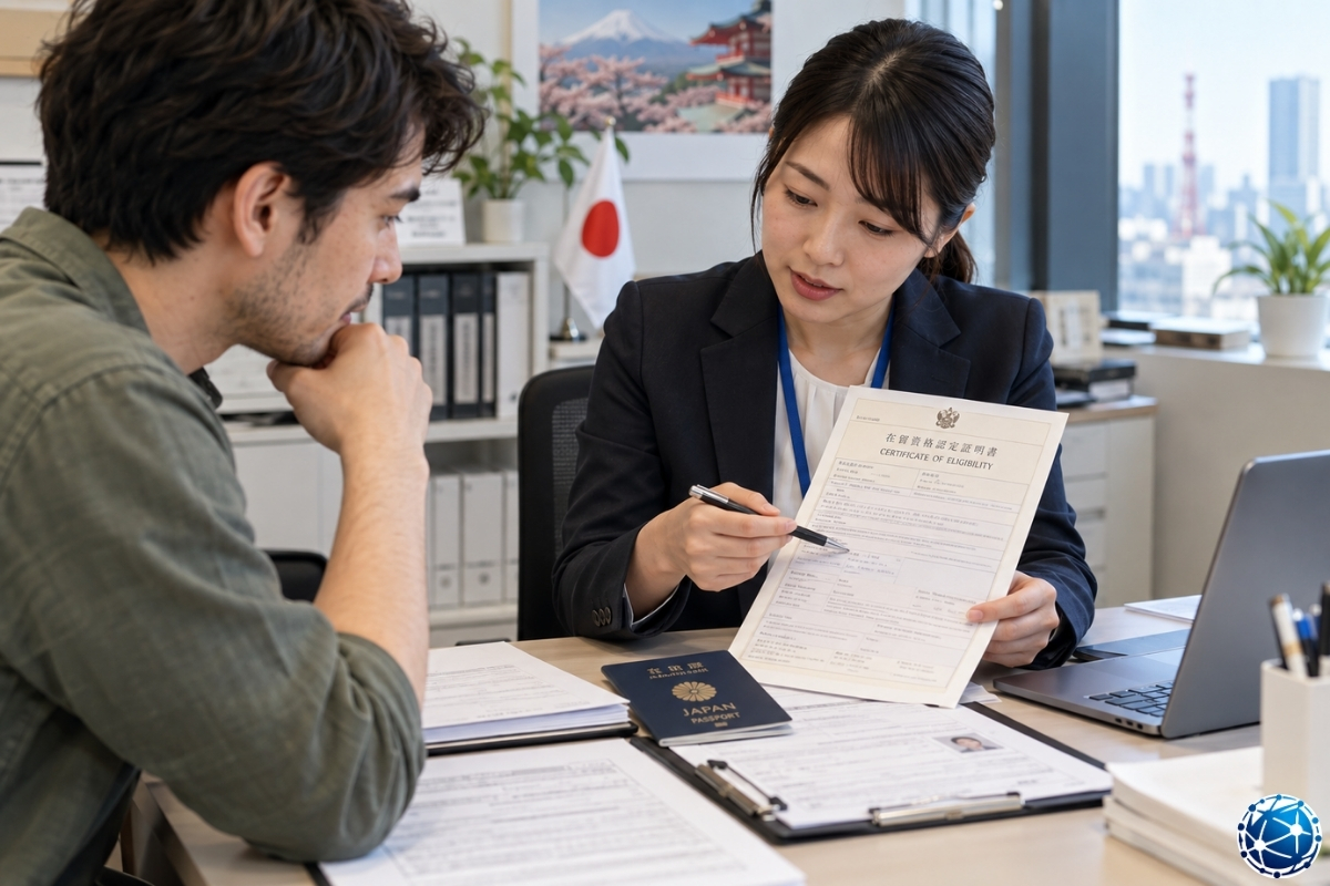 Japonya vizesi için Certificate of Eligibility belgesini görevliyle birlikte inceleyen başvuru sahibi