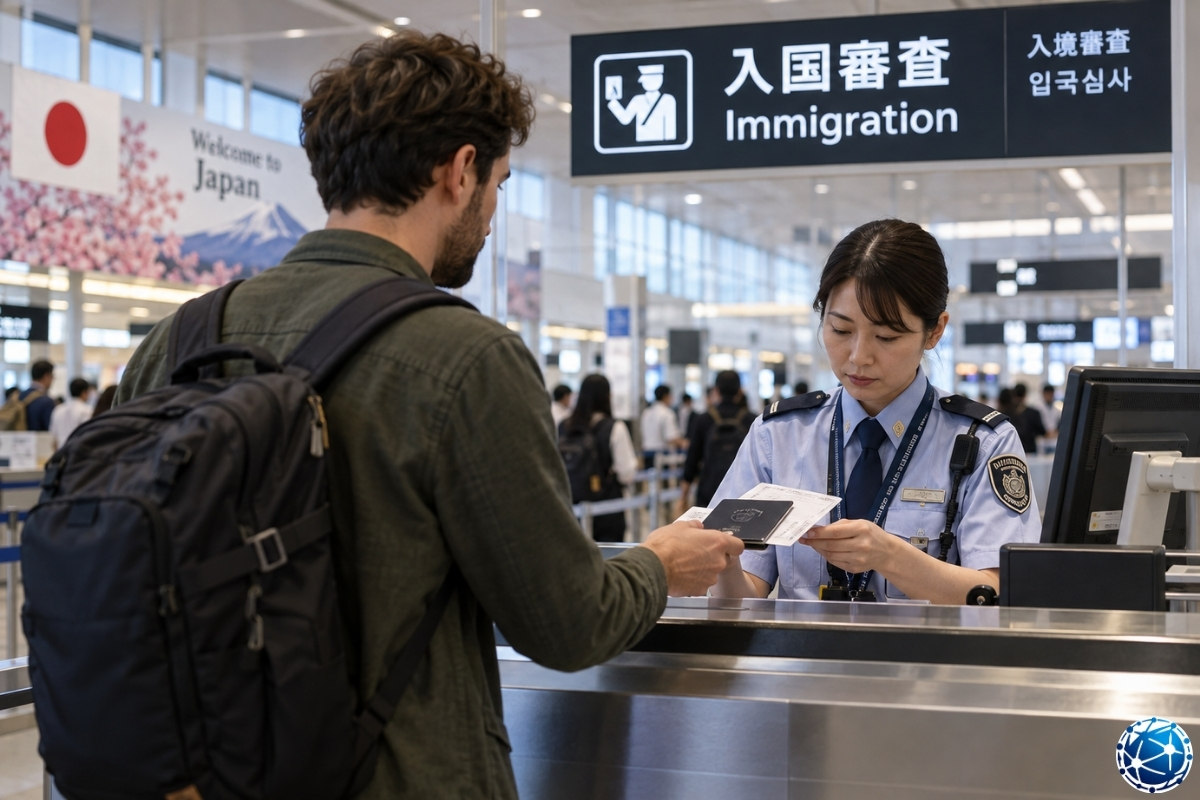 Japonya havalimanında pasaport ve giriş belgelerini göçmenlik görevlisine sunan yabancı yolcu