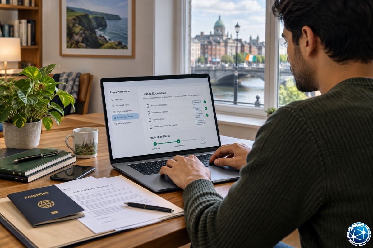 İrlanda Employment Permits Online sistemi üzerinden çalışma izni belgelerini yükleyip başvuru durumunu takip eden yabancı çalışan