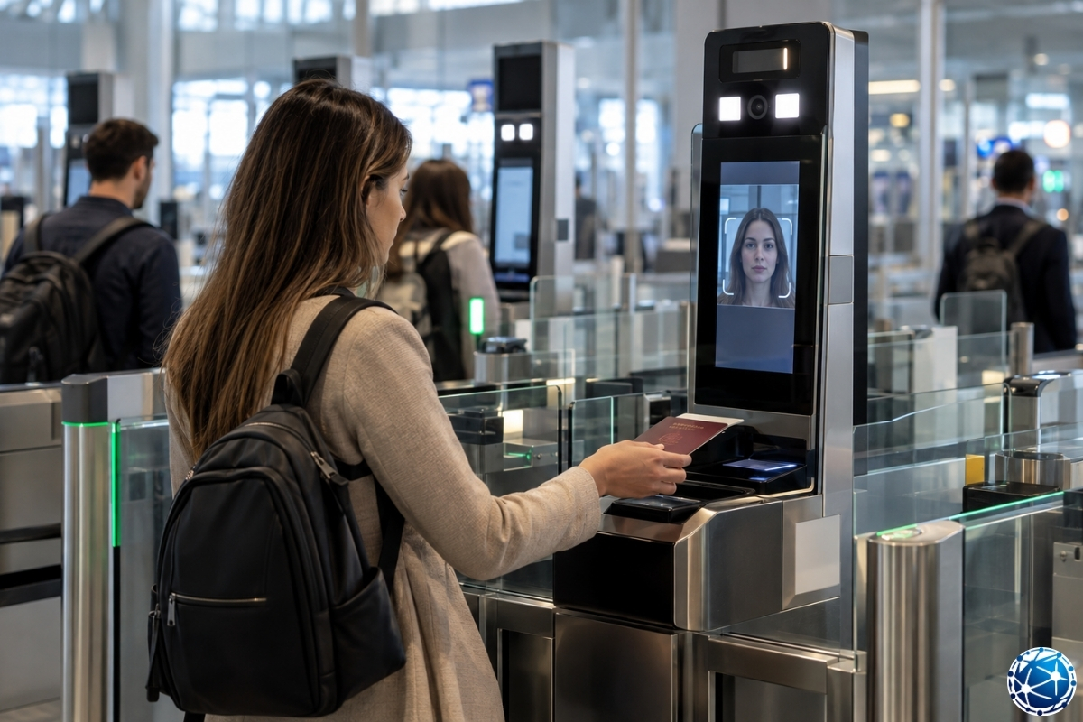 Schengen Entry/Exit System kapsamında havalimanında yüz biyometrisi ve pasaportla dijital sınır kontrolünden geçen yolcu