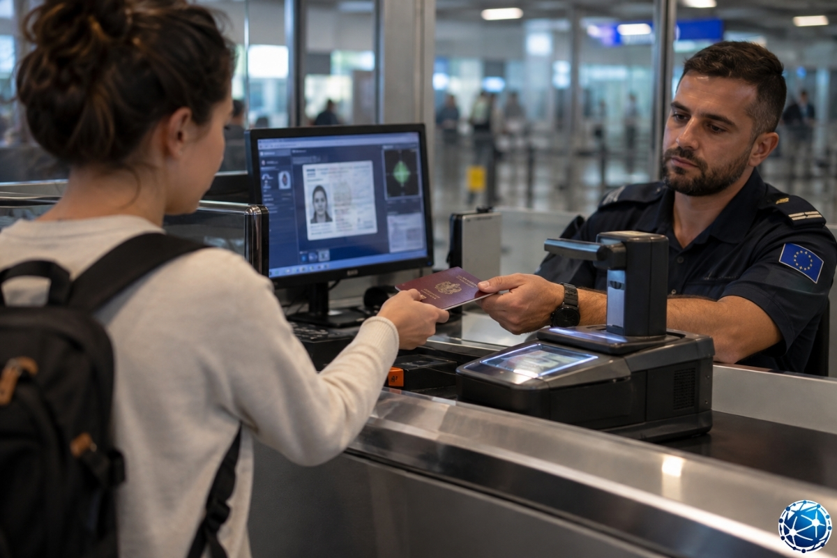 Avrupa sınır kapısında pasaport bilgilerini elektronik sistem üzerinden doğrulayan Schengen sınır görevlisi