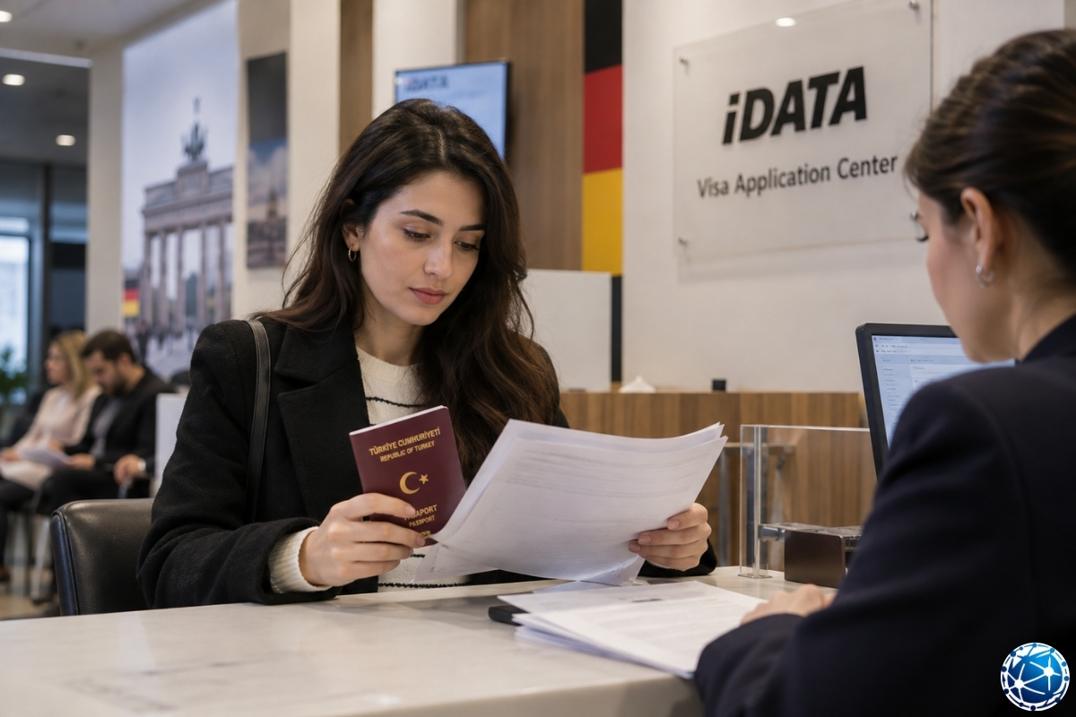 Almanya ulusal vize başvurusu için iDATA merkezinde Türk pasaportu ve başvuru evraklarını teslim eden başvuru sahibi