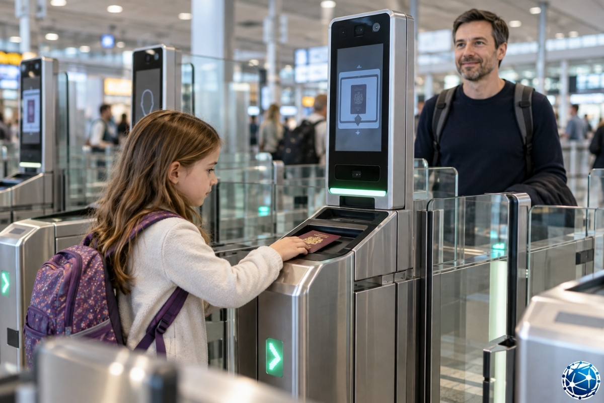 İngiltere eGate sisteminde biyometrik pasaportunu elektronik okuyucuya yerleştiren çocuk ve yanında bekleyen ebeveyni
