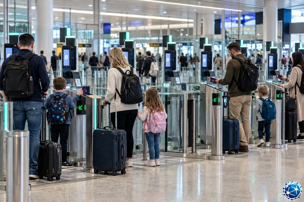 İngiltere havalimanında çocuklu ailelerin otomatik eGate kapılarını kullanarak pasaport kontrolünden geçmesi