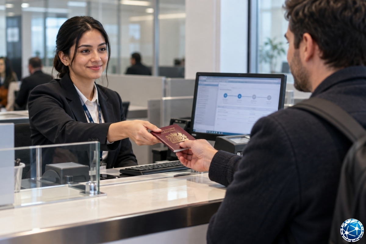 İngiltere vize başvuru merkezinde işlemler devam ederken pasaportunu görevli aracılığıyla teslim alan başvuru sahibi