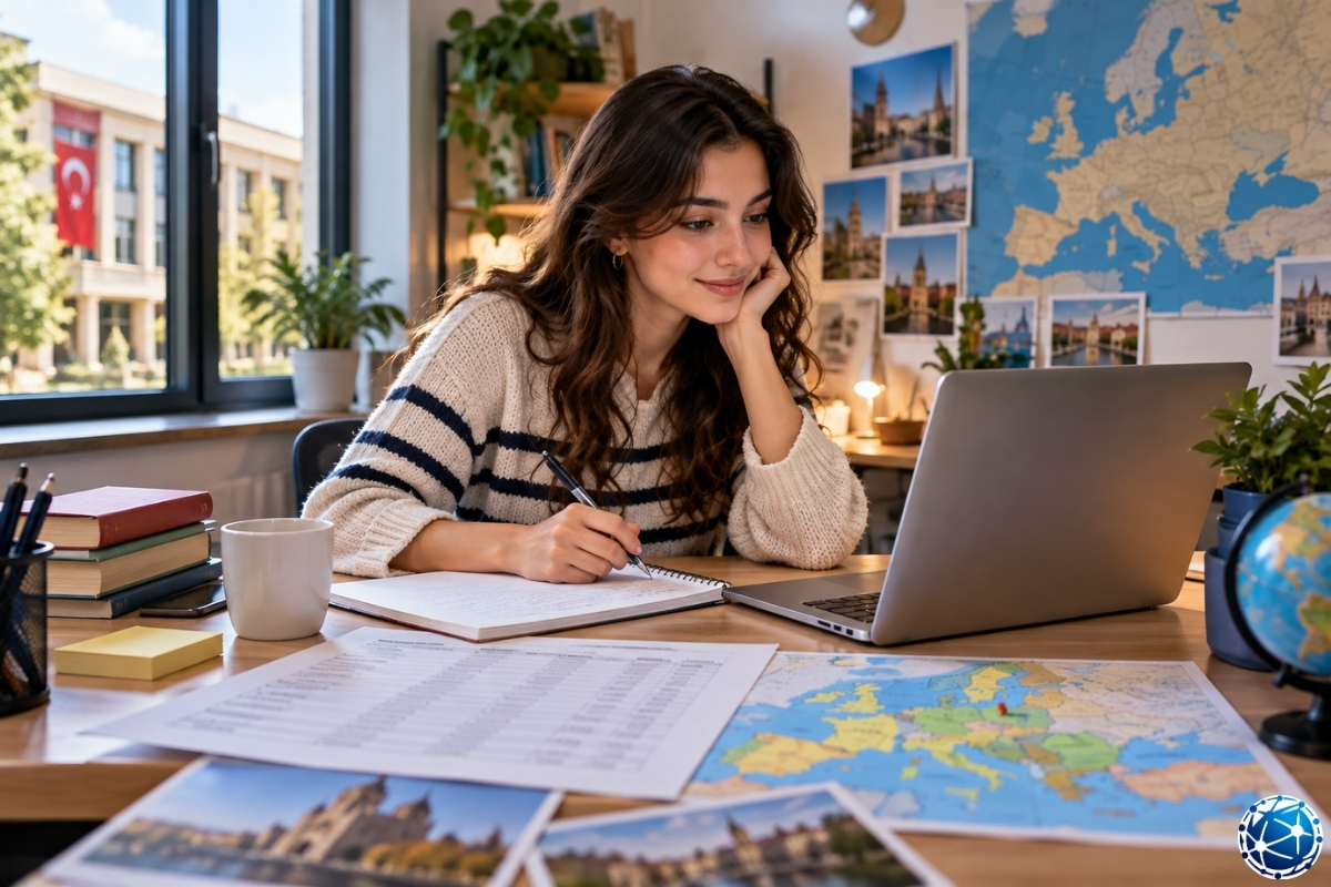 Erasmus 2026 başvurusu için Avrupa haritası üzerinden anlaşmalı üniversiteleri ve eğitim alınabilecek ülkeleri araştıran üniversite öğrencis