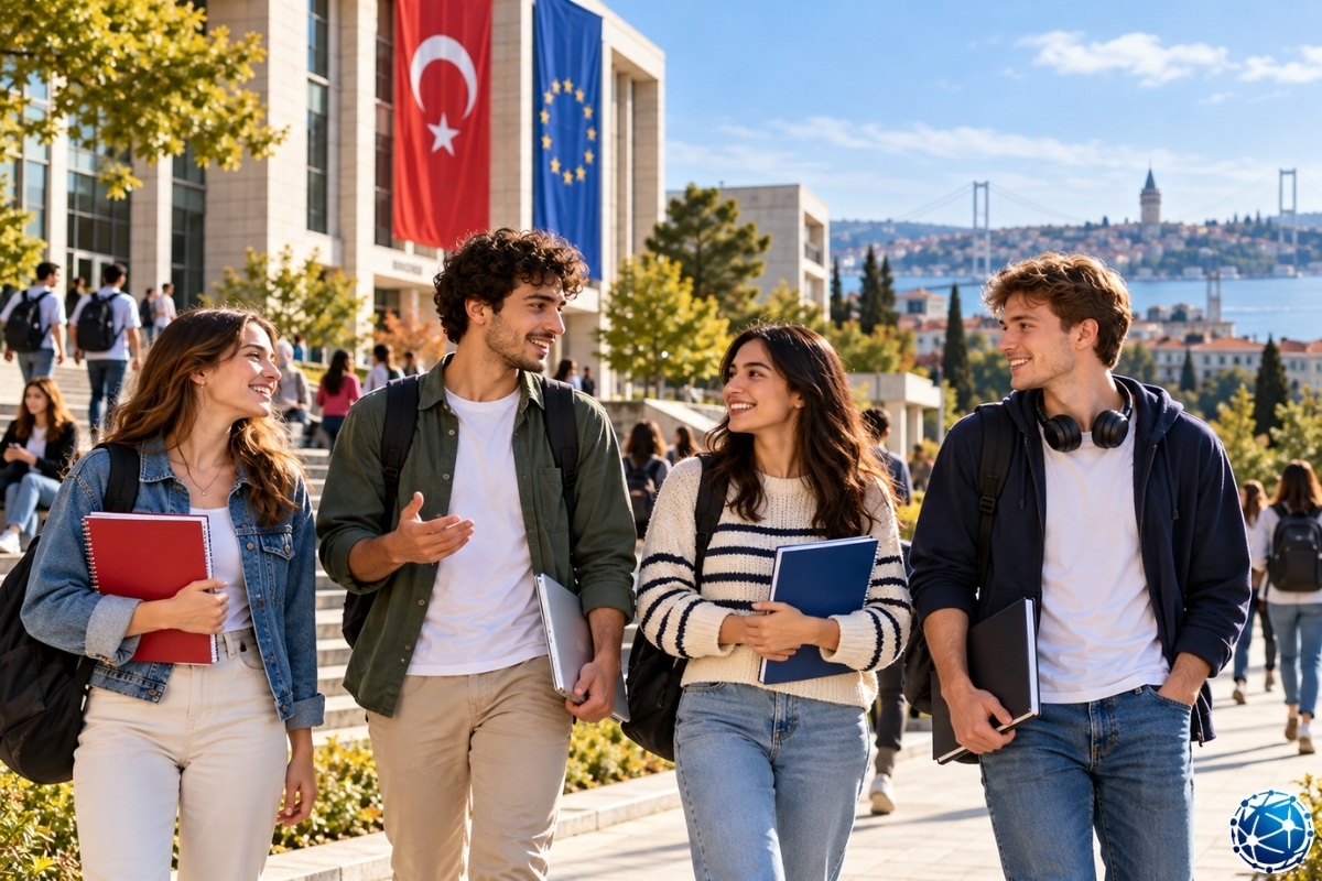 Türkiye’de Erasmus+ programı kapsamında yer alan üniversiteleri temsil eden, Türk ve Avrupa Birliği bayraklarının bulunduğu kampüste yürüyen