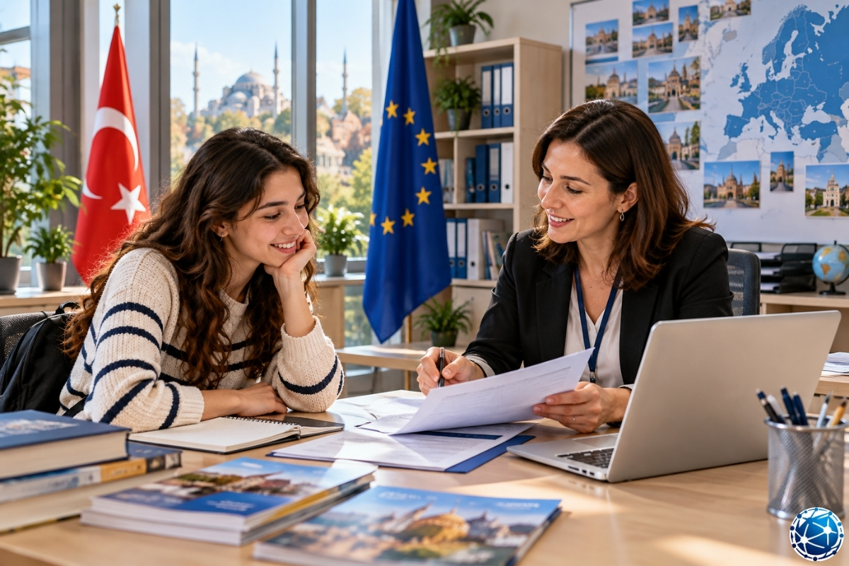 Üniversitenin Erasmus Ofisinde yurt dışı eğitim anlaşmalarını, bölüm kontenjanlarını ve 2026–2027 Erasmus başvuru koşullarını danışmanla inc
