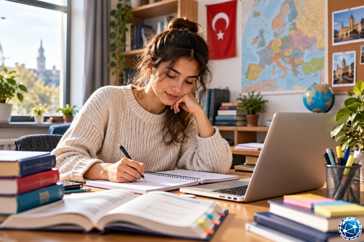 Erasmus 2026–2027 başvuru sürecine hazırlanan, akademik not ortalaması ve yabancı dil sınavı için bilgisayar başında ders çalışan üniversite