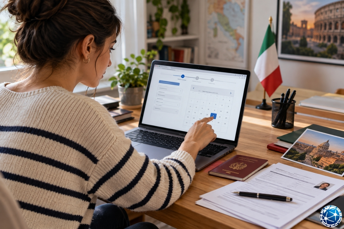 İtalya eğitim vizesi başvurusu için iDATA online randevu sisteminde takvim üzerinden uygun tarih seçen ve başvuru belgelerini hazırlayan öğr