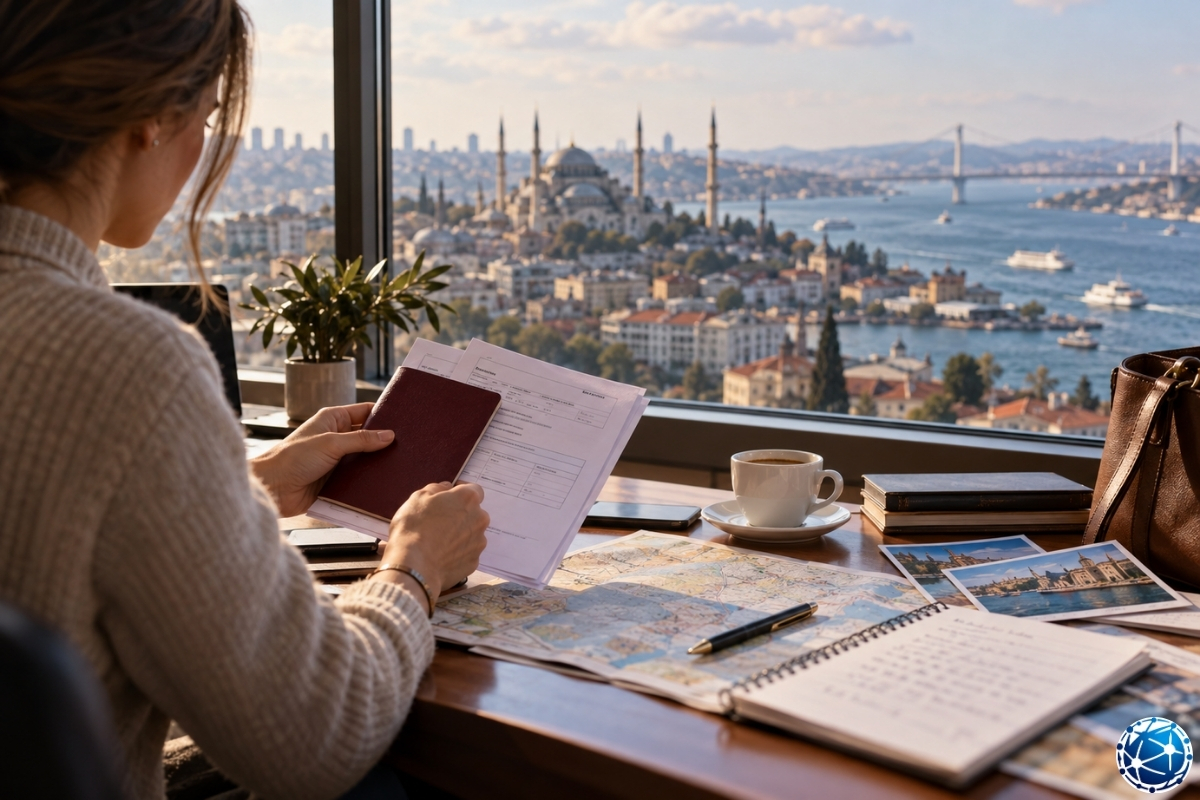 İstanbul Boğazı manzarası eşliğinde İtalya vize başvurusu için pasaportunu, konsolosluk görev bölgesi haritasını ve başvuru belgelerini ince