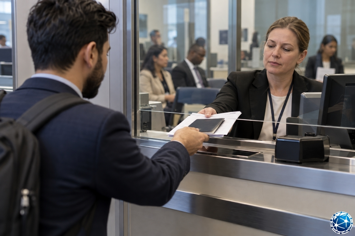 ABD DV-2026 Green Card göçmen vizesi işlemlerini temsil eden, konsolosluk başvuru gişesinde pasaport ve gerekli belgelerini görevliye teslim