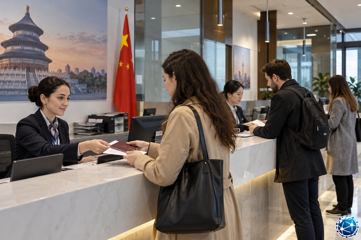 Çin vizesi başvuru merkezinde kısa süreli seyahat için pasaportunu ve gerekli belgelerini görevliye teslim eden başvuru sahibi.