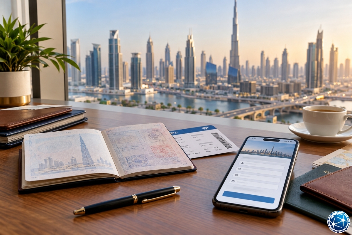 Dubai turist vizesi 2026 başvurusu için pasaport, uçak bileti ve dijital başvuru formunun hazırlandığı, Burj Khalifa manzaralı çalışma masas
