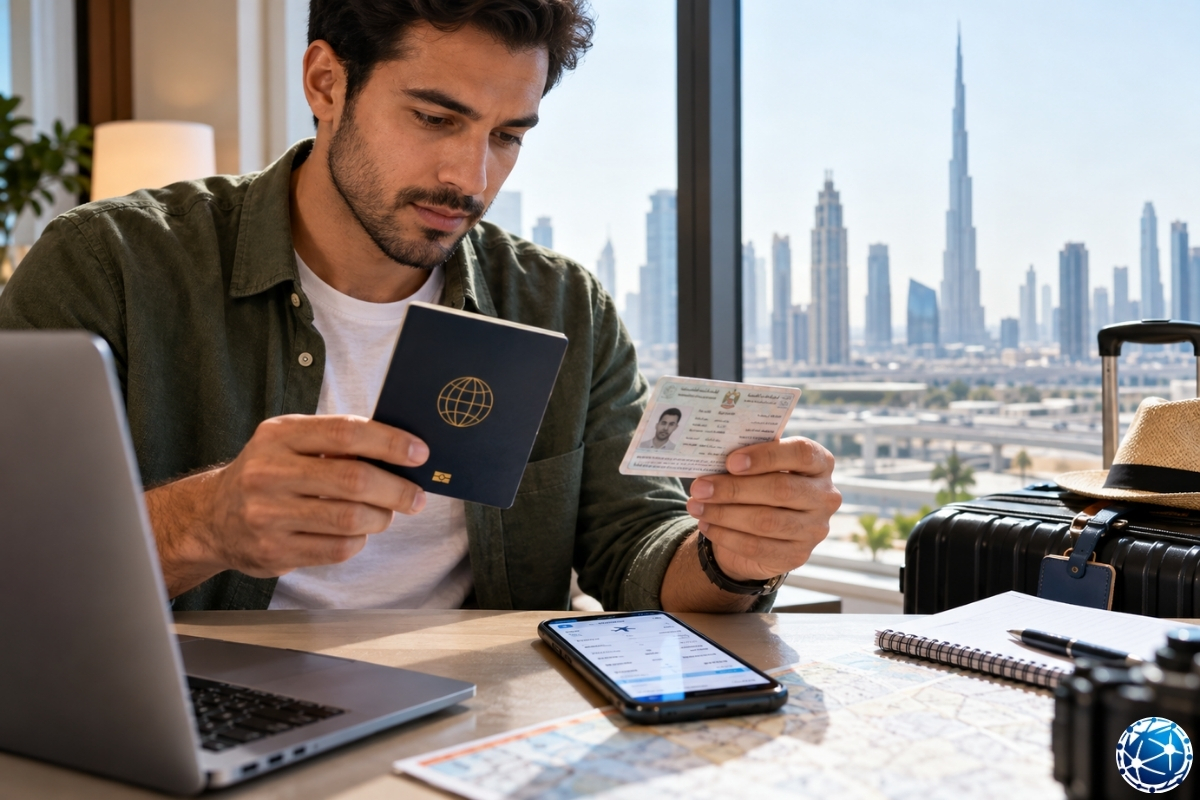 Dubai GCC giriş vizesi başvurusunda pasaportunu ve Birleşik Arap Emirlikleri oturum kartını inceleyen, ikamet belgesinin geçerlilik süresini
