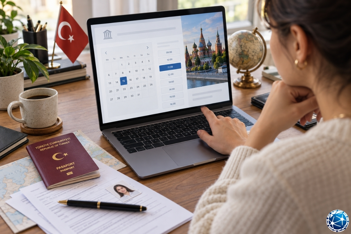 Rusya konsolosluk randevusu için çevrimiçi takvimde uygun tarih ve saatleri kontrol eden, Türk pasaportu ve vize başvuru belgeleriyle randev