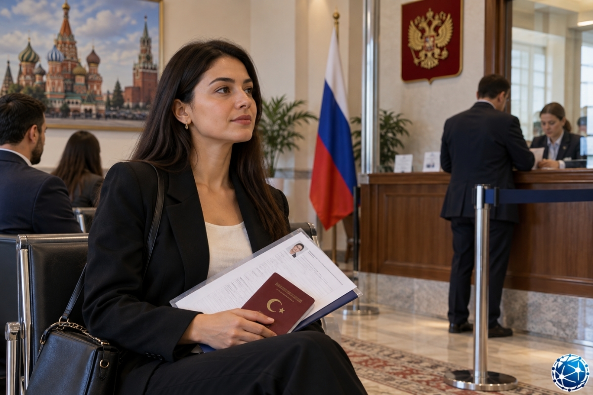 Rusya Konsolosluğu randevusuna katılmak üzere Türk pasaportunu ve başvuru evraklarını hazırlayarak konsolosluk bekleme salonunda sırasını be