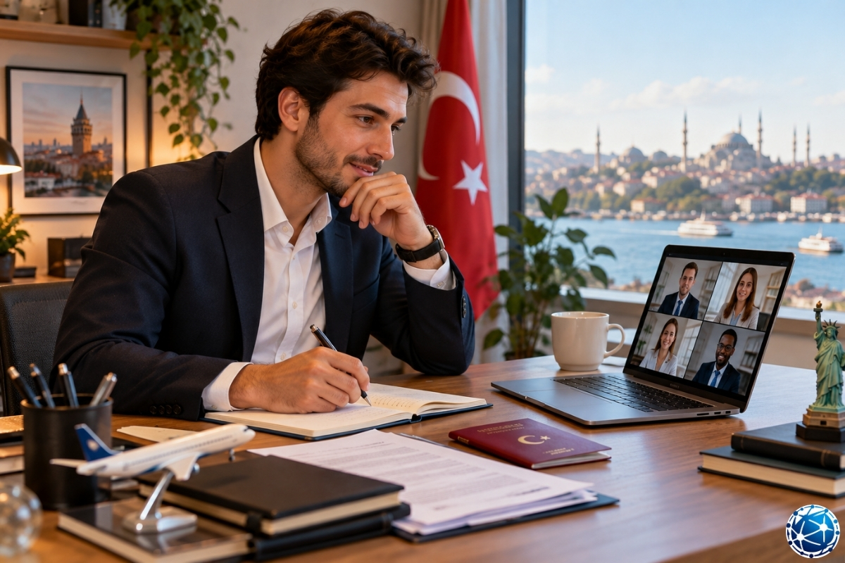 ABD H-1B çalışma vizesi için Amerikalı işverenlerle çevrimiçi iş görüşmesi gerçekleştiren, Türk pasaportu ve başvuru belgeleriyle sponsorlu