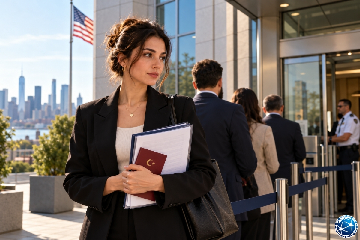 ABD çalışma vizesi başvurusunda konsolosluk görüşmesine hazırlanırken Türk pasaportunu ve vize evraklarını taşıyan, Amerikan bayrağı bulunan