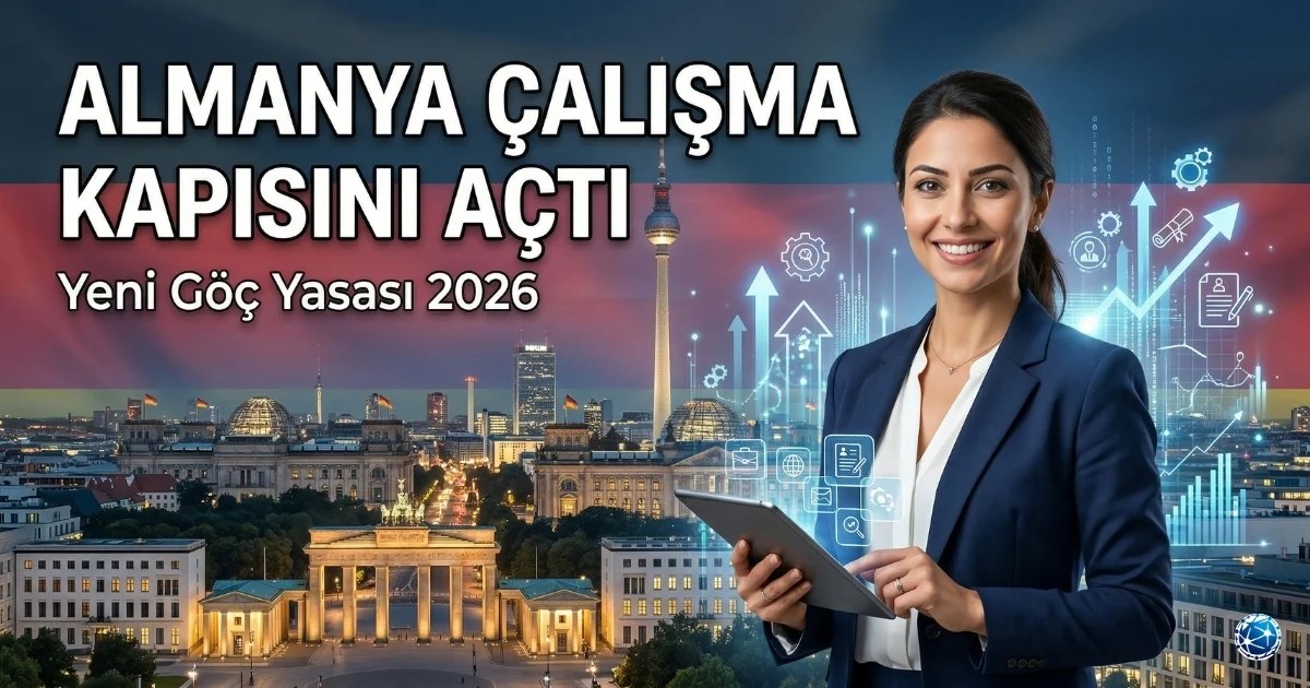 Almanya’da çalışma izni ve oturma izni sürecini gösteren profesyonel iş ve göçmenlik temalı görsel