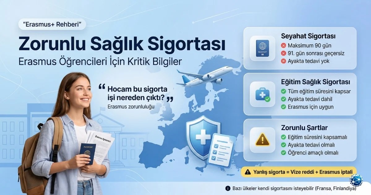 Erasmus öğrencileri için zorunlu sağlık sigortası ve sigorta türlerini anlatan bilgilendirici infografik