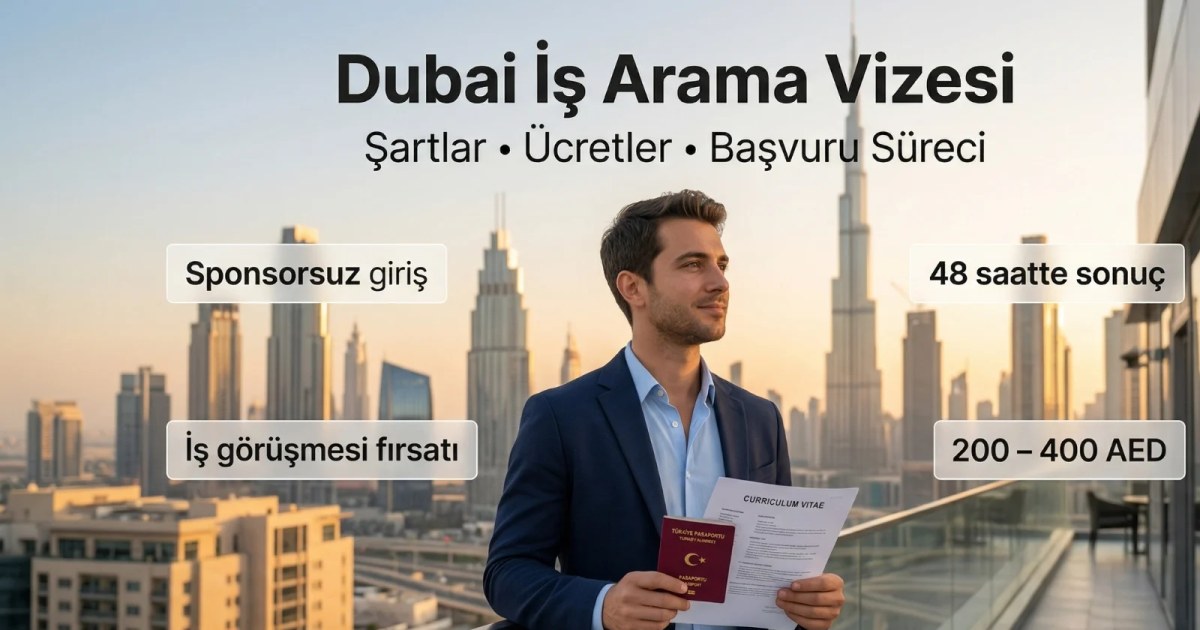 Dubai iş arama vizesi başvuru süreci, gerekli belgeler ve şartları anlatan bilgilendirici kapak görseli