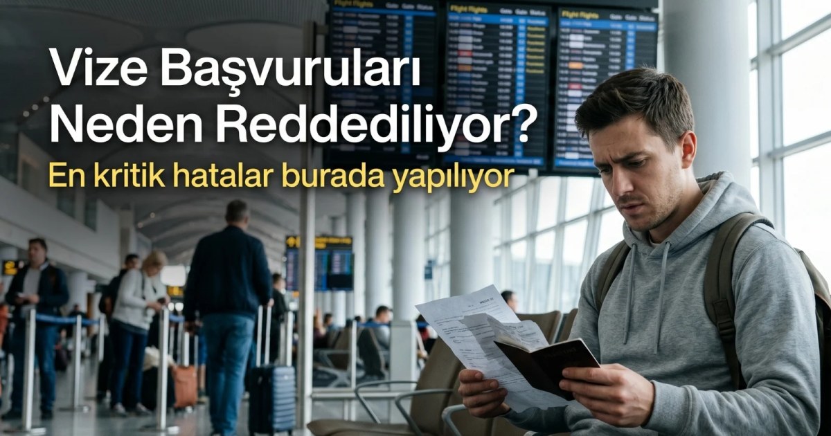 Vize başvurusu reddedilme nedenlerini ve en sık yapılan hataları anlatan bilgilendirici kapak görseli