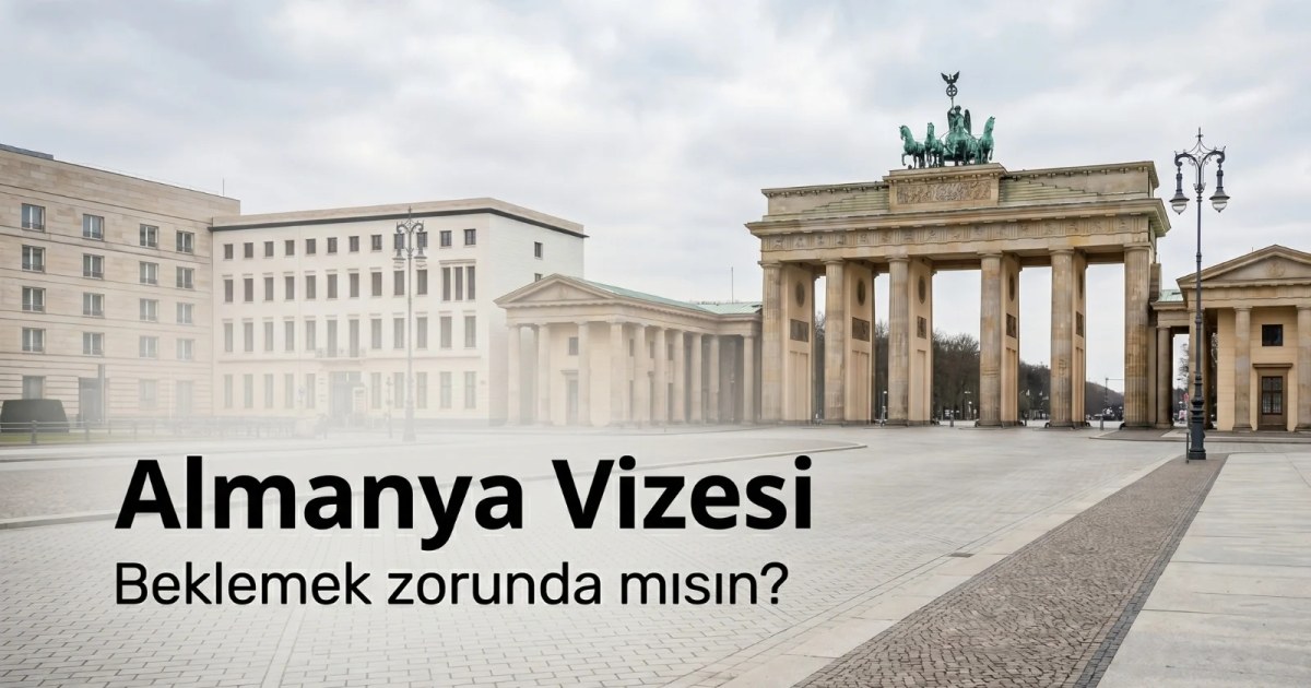 Almanya turistik vize başvuru sürecini anlatan şehir manzarası ve seyahat temalı kapak görseli