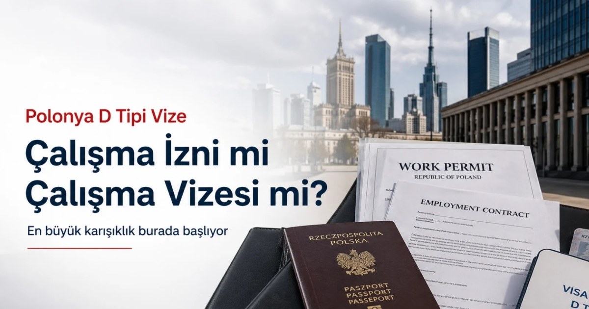 Polonya D tipi çalışma vizesi ve işveren davetiyesi sürecini anlatan profesyonel kapak görseli