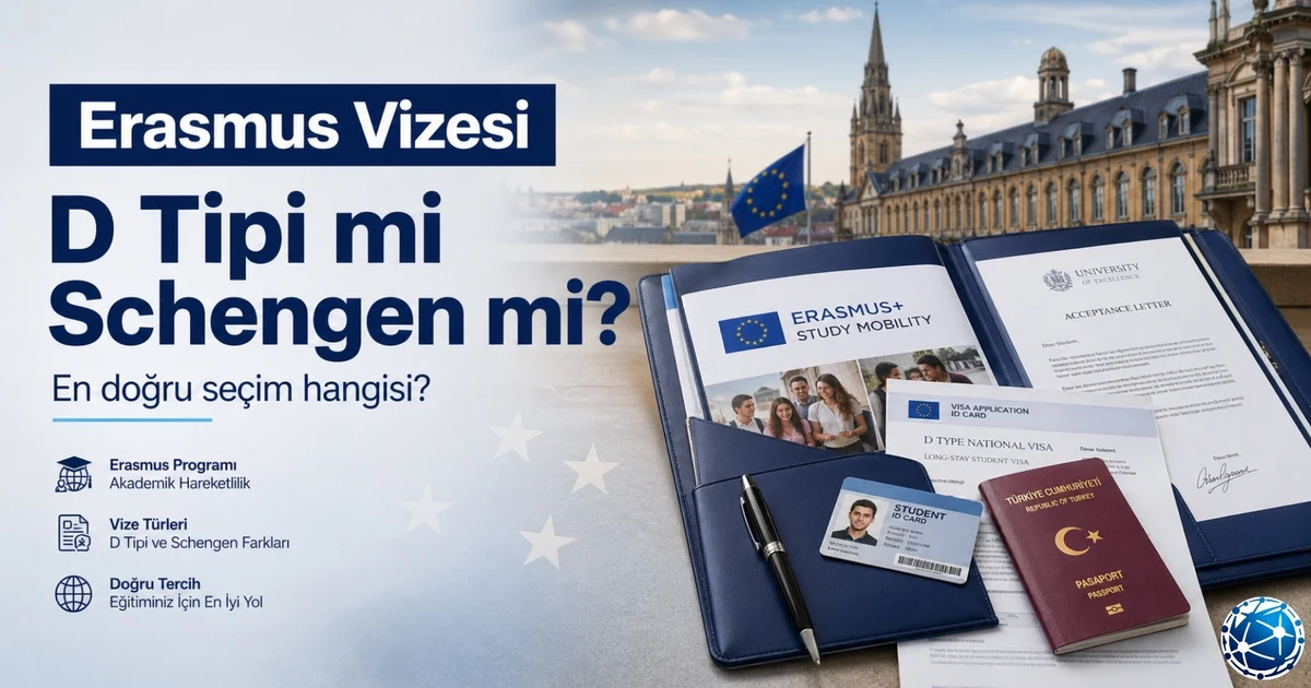 Erasmus için D tipi ve Schengen vize farklarını anlatan profesyonel kapak görseli