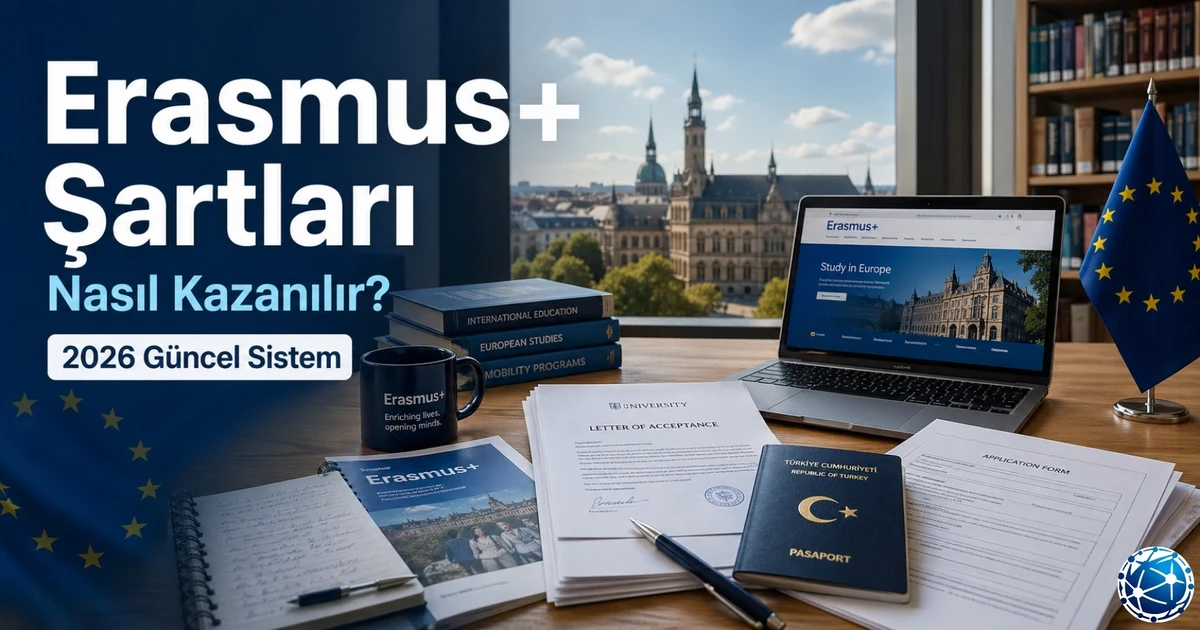 Erasmus+ başvuru şartlarını ve sistemini anlatan profesyonel kapak görseli