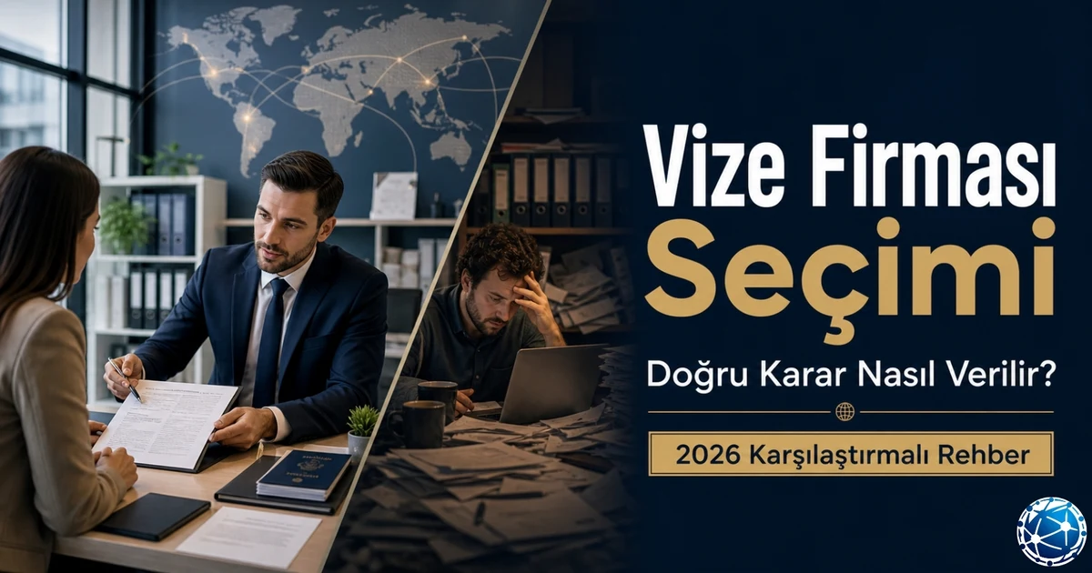 Vize firması seçimi ve karşılaştırmasını anlatan profesyonel kapak görseli