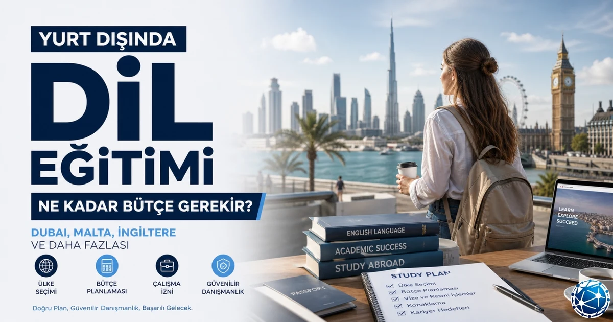 Yurt dışında dil eğitimi bütçesi, ülke seçimi ve güvenilir danışmanlık sürecini anlatan profesyonel kapak görseli