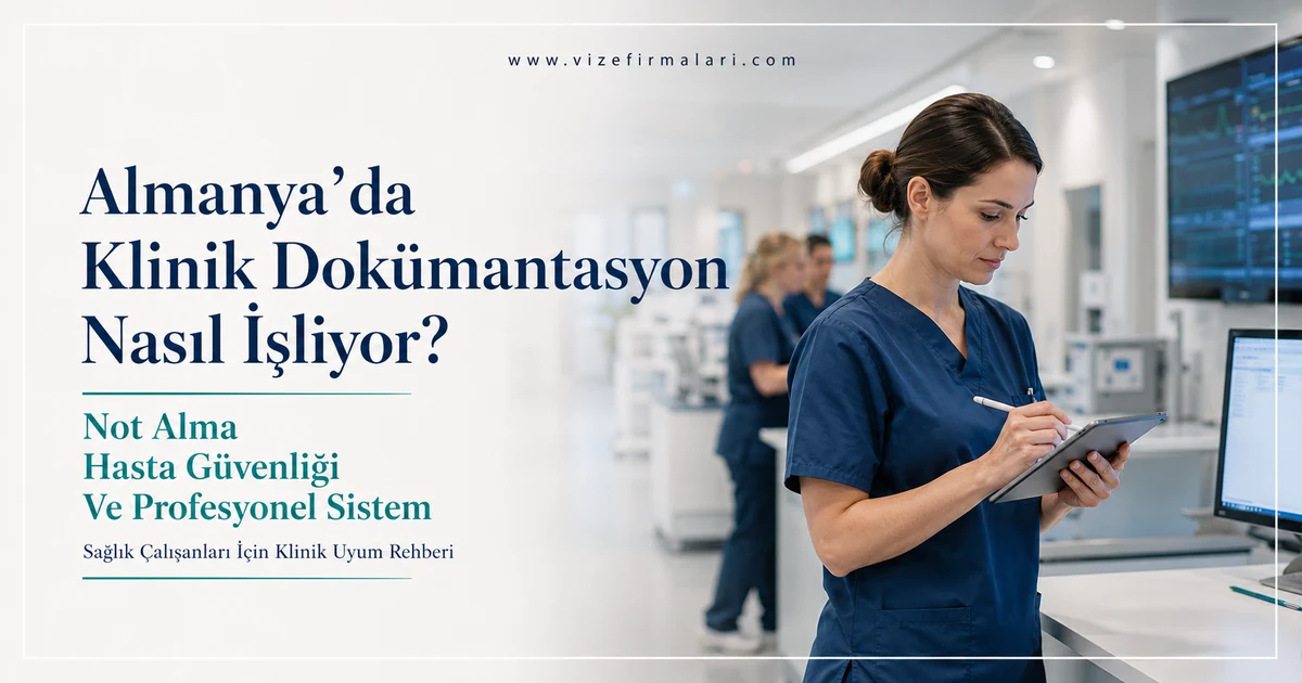 Almanya’da hastane ortamında dijital tablet üzerinden klinik not alan sağlık çalışanını gösteren profesyonel sahne